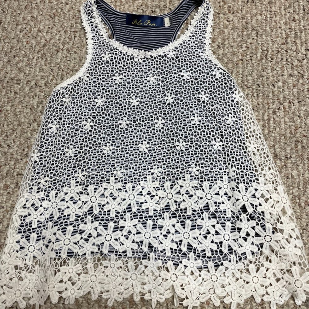 Blue Rain small navy and white floral lace tank top